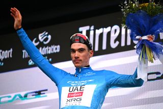 FRONTIGNANO ITALY MARCH 15 Juan Ayuso Pesquera of Spain and UAE Team Emirates XRG celebrates at podium as Blue Leader Jersey winner during the 60th TirrenoAdriatico 2025 Stage 6 a 163km stage from Cartoceto to Frontignano 1324m UCIWT on March 15 2025 in Frontignano Italy Photo by Tim de WaeleGetty Images