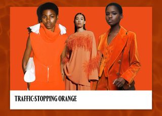 traffic-stopping orange on a title card next to models wearing bright orange clothing