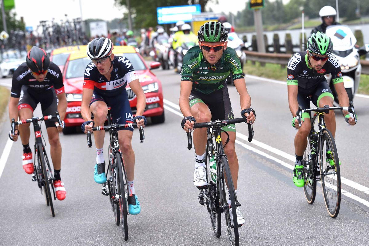 The day's early breakaway Stef Clement (IAM Cycling), Armindo Fonseca (Bretagne Seche), Perrig Quemeneur (Europcar) and Jan Barta (Bora Argon 18).