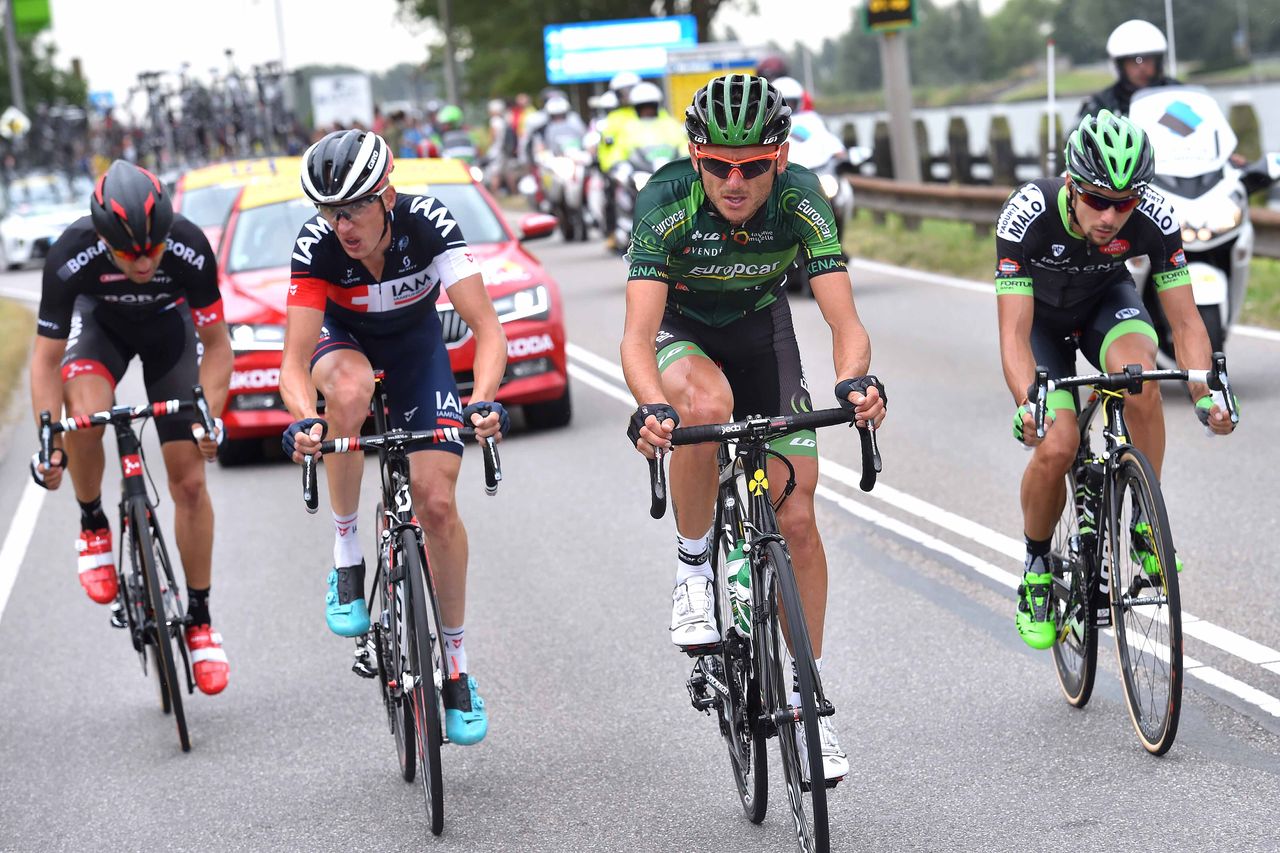 The day's early breakaway Stef Clement (IAM Cycling), Armindo Fonseca (Bretagne Seche), Perrig Quemeneur (Europcar) and Jan Barta (Bora Argon 18).