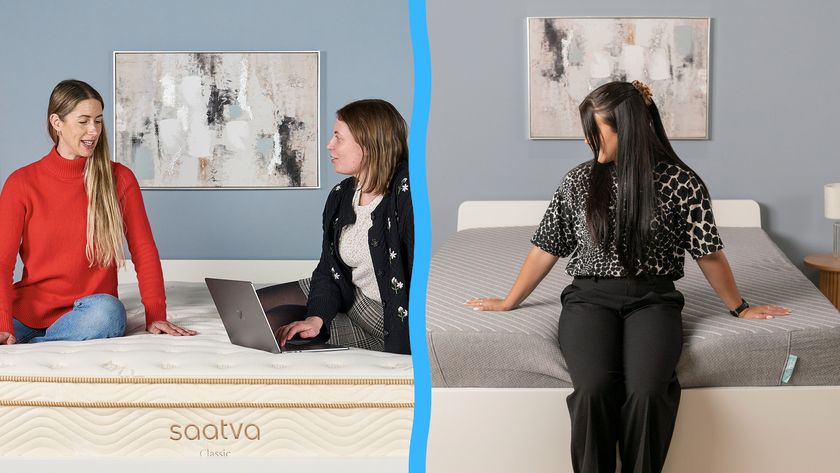 A split picture: on the left, mattress testers Nicola Appleton and Ruth Jones sit on the Saatva Classic mattress in our Sleep Lab with a laptop. On the right, mattress tester Eve Davies sits on the edge of the Siena Signature mattress in our Sleep Lab