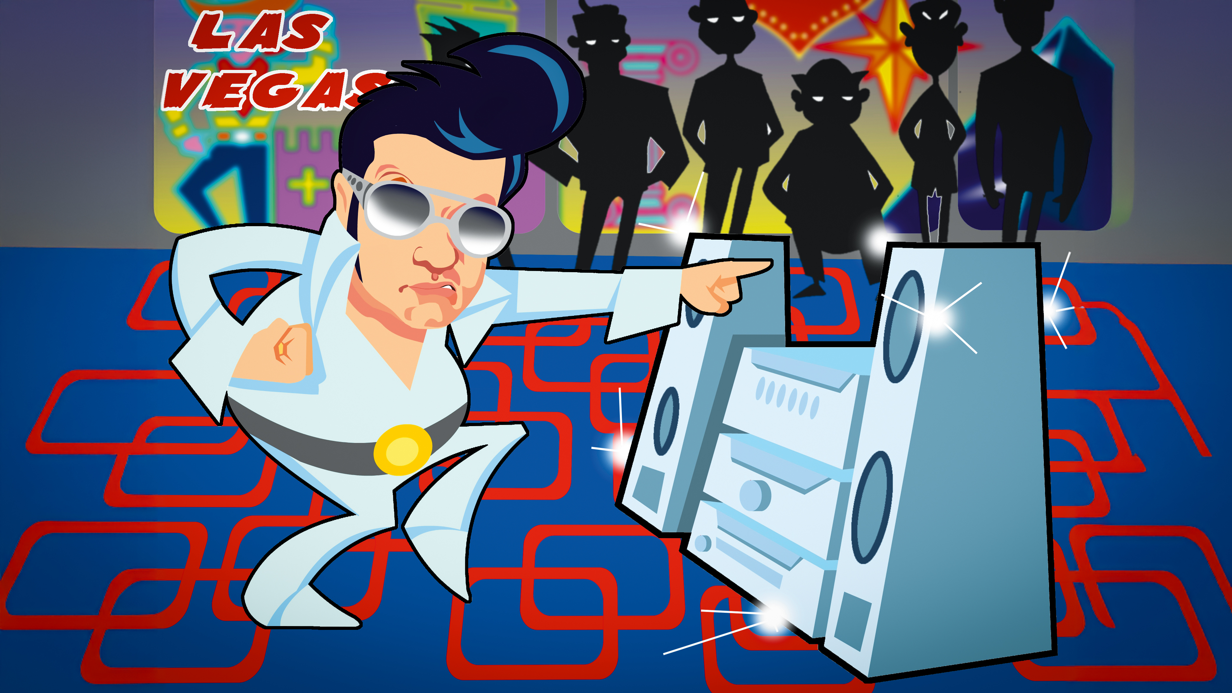 Illustration of Elvis, in a jumpsuit and shades, dancing in Las Vegas in front of a hifi