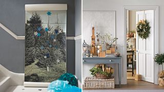How to style a hallway with well placed art and a canvas Christmas tree wall hanging