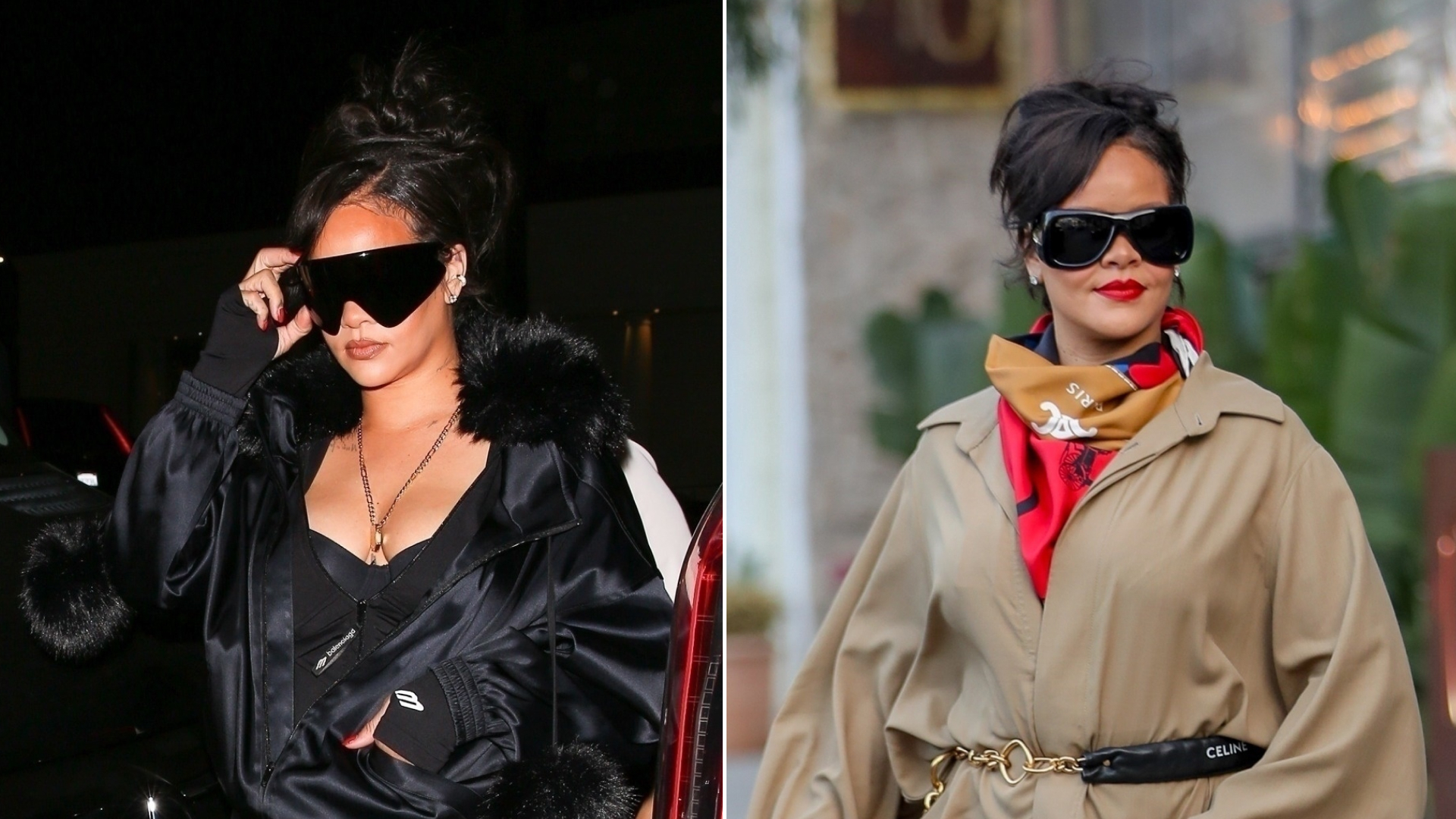 Rihanna wears two totally different outfits in one day, including a head-to-toe black look and a duster coat