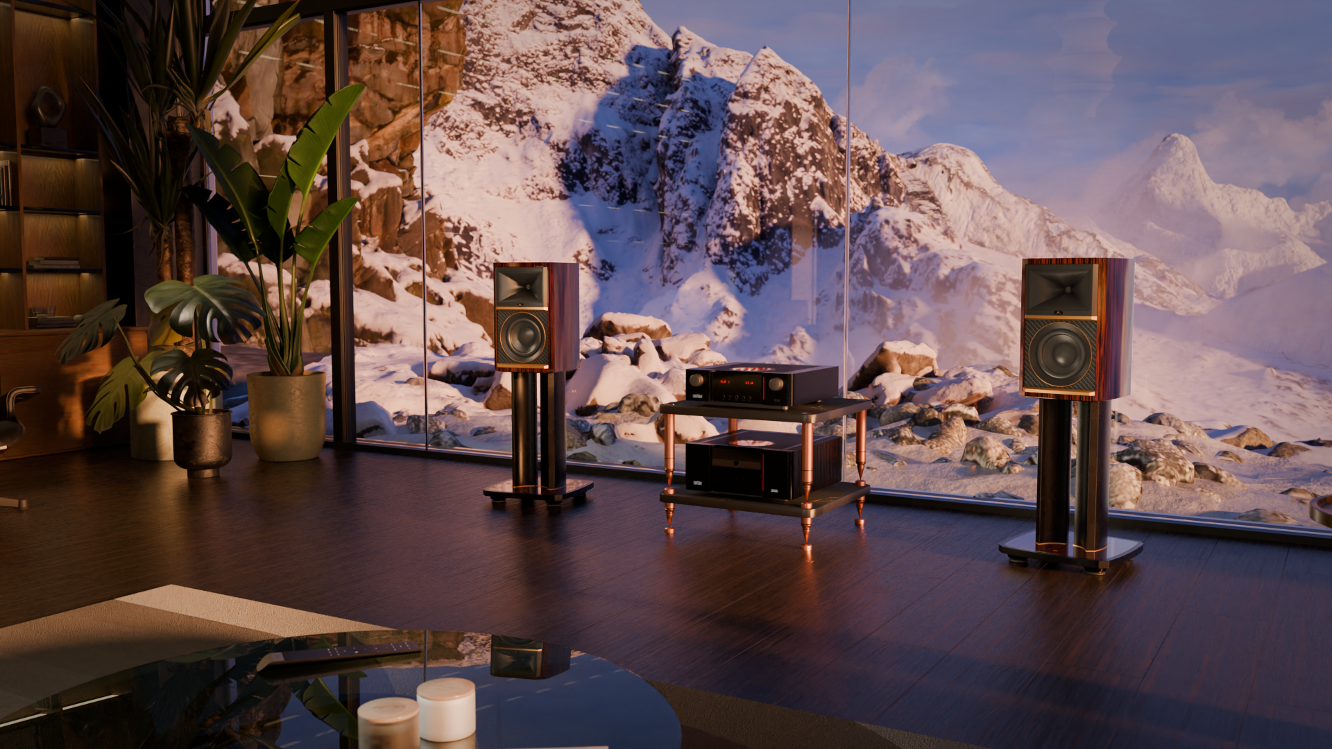 JBL Summit Ama speakers with Mark Levinson electronics and a backdrop of mountains