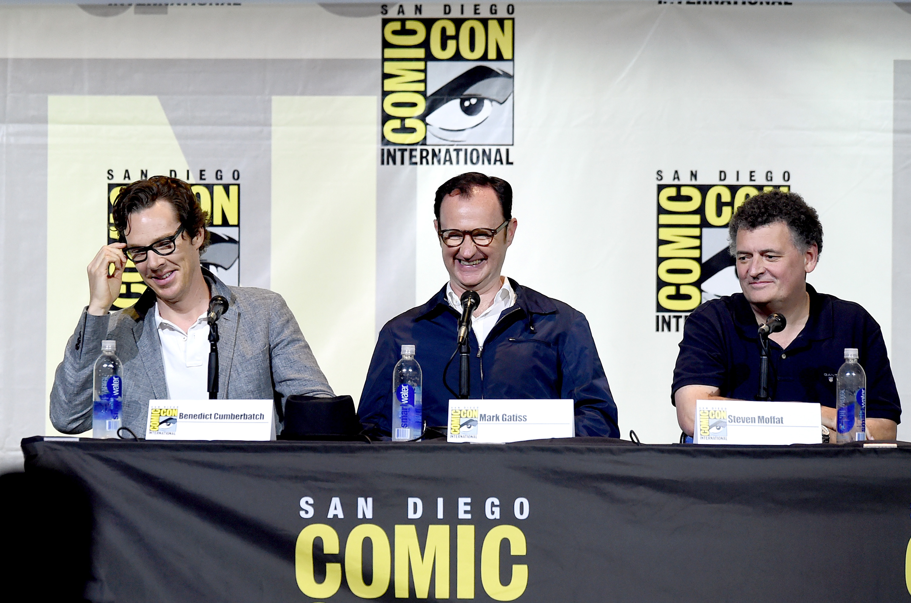 Benedict Cumberbatch, actor/writer/producer Mark Gatiss, and writer/producer Steven Moffat attend the &quot;Sherlock&quot; panel during Comic-Con International 2016 at San Diego Convention Center on July 24, 2016 in San Diego, California.