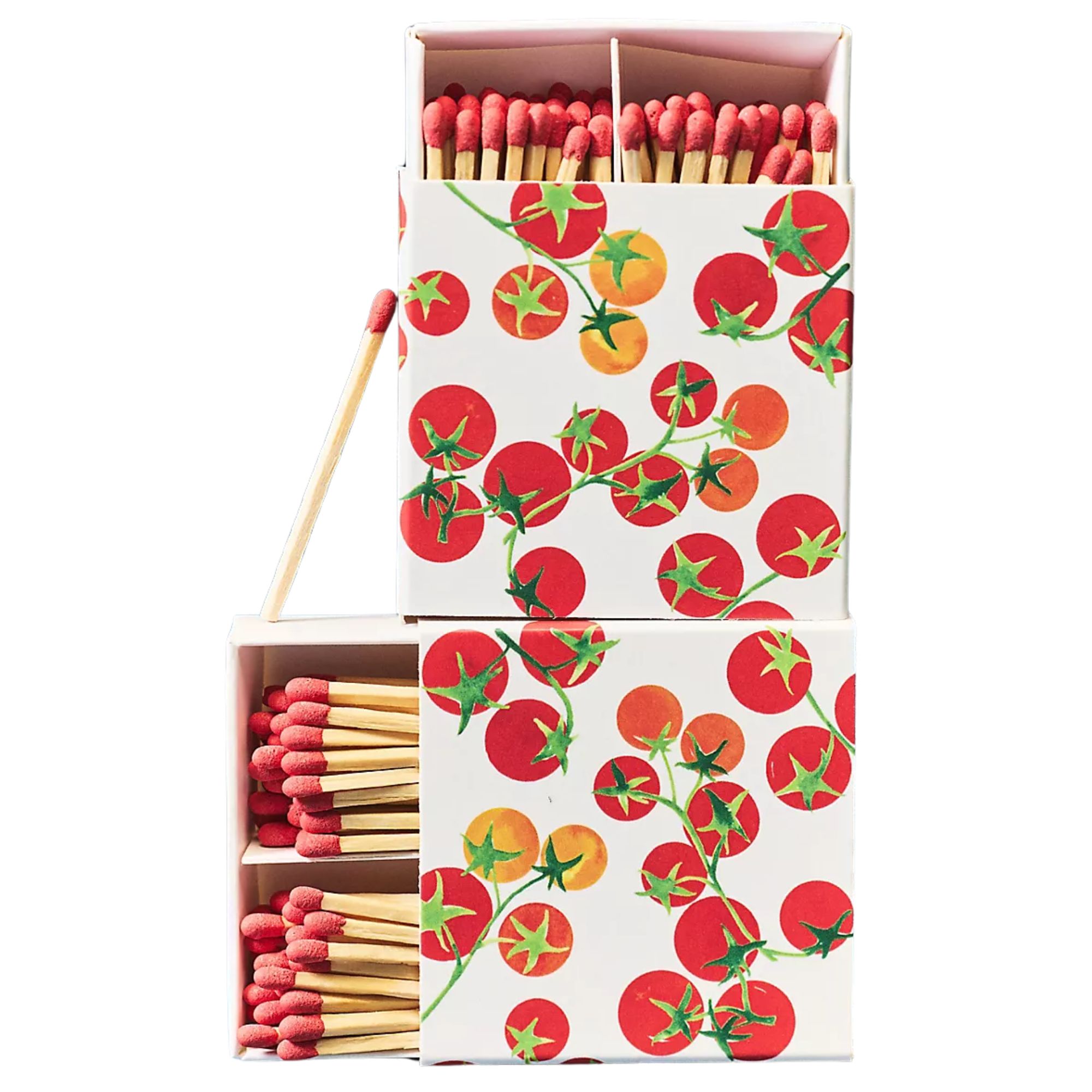 Anthropologie matches in white matchboxes decorated with red and orange tomatoes