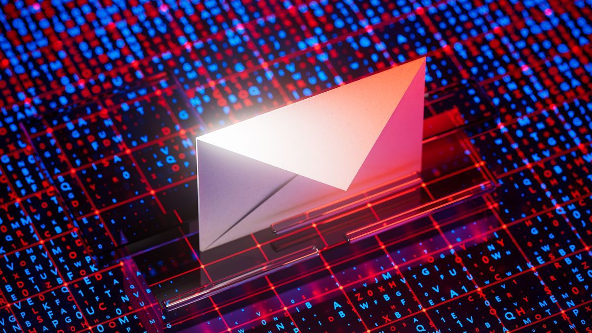 An envelope sitting on glass above red and blue text, to represent business email compromise attacks. The image is a CGI render, and diffused with light.