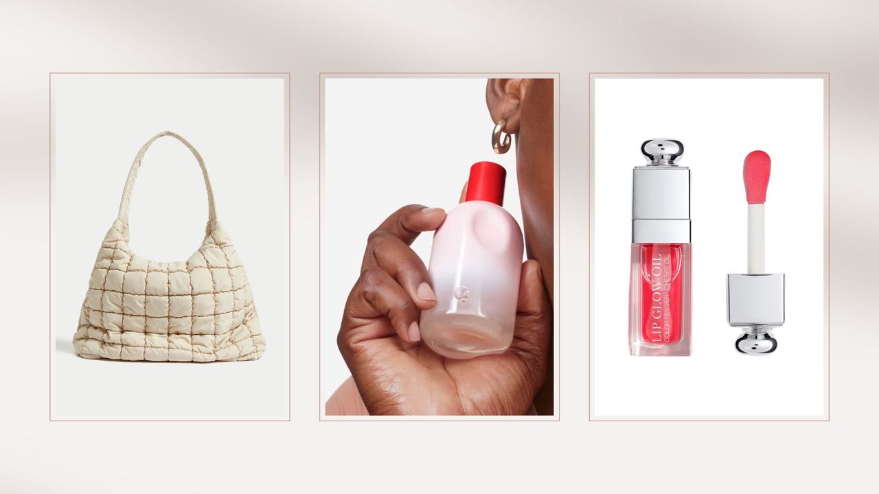 A composite image of three of the best 18th birthday gifts with a M&amp;S beige puffer bag on the far left, a person holding the Glossier You perfume in the middle, and the Dior Glow Lip Oil on the far right.