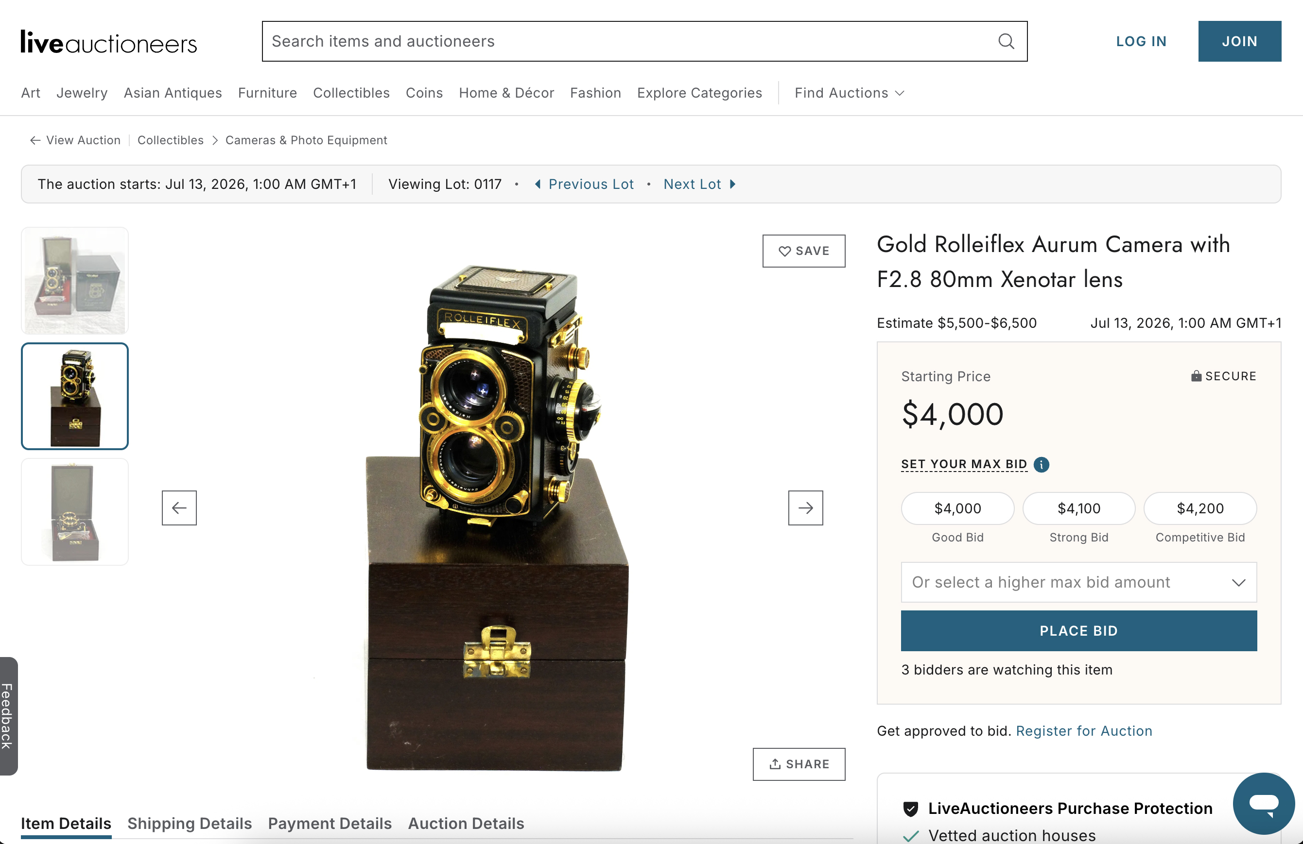 Rolleiflex Aurum listing at Live Auctioneers
