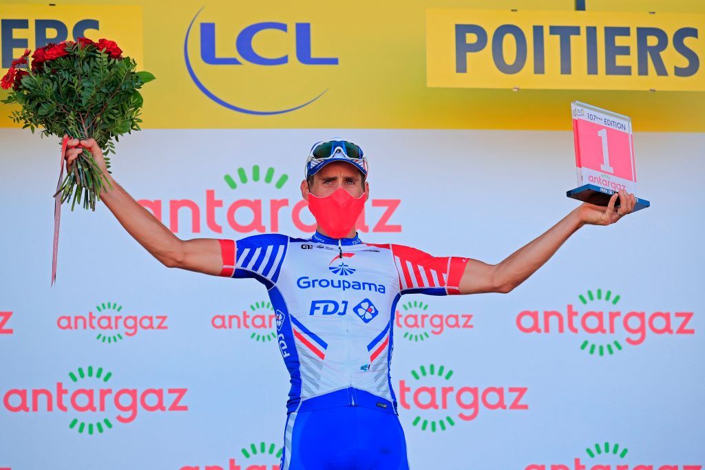 Team GroupamaFDJ rider Frances Matthieu Ladagnous celebrates his combativity prize at the end of 11th stage of the 107th edition of the Tour de France cycling race 167 km between Chatelaillon Plage and Poitiers on September 9 2020 Photo by Christophe Petit Tesson POOL AFP Photo by CHRISTOPHE PETIT TESSONPOOLAFP via Getty Images