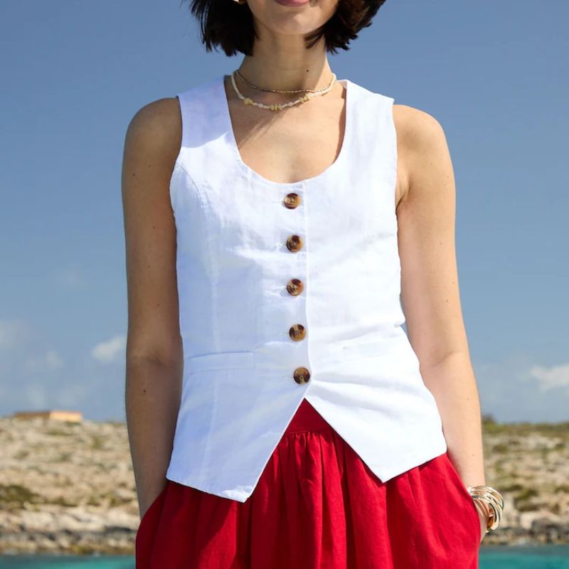 Threadbare White Scoop Neck Longline Linen Blend Waistcoat