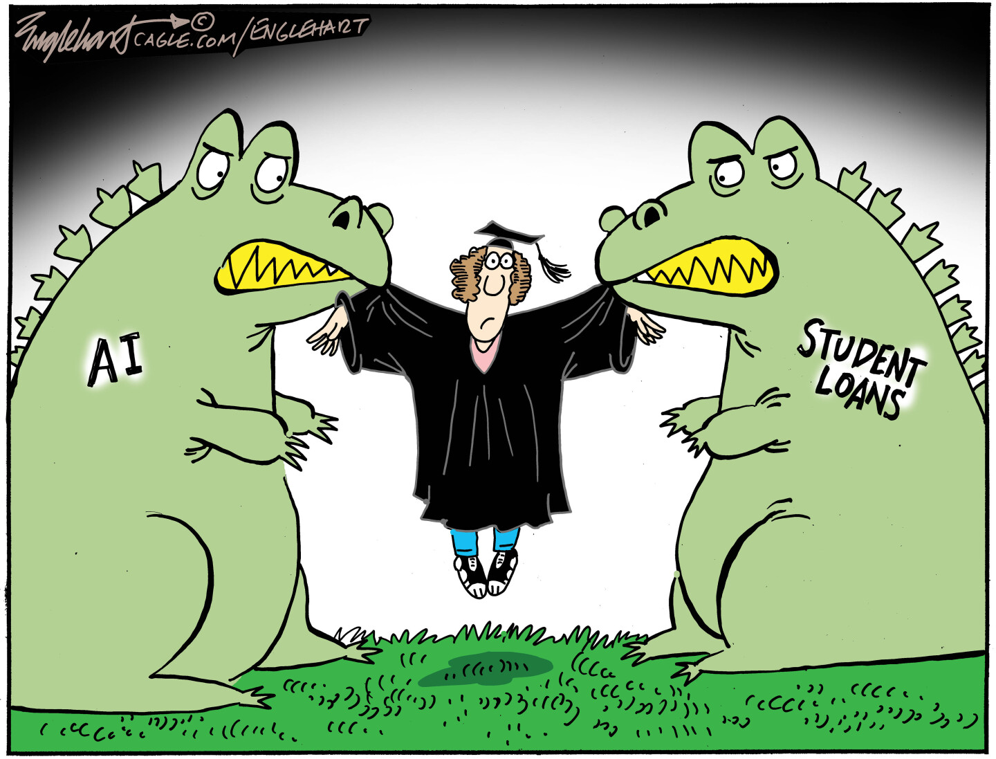 Two frightening creatures are fighting over a female college student in a cap and gown. Both creatures are pulling on the student with their mouths that are filled with sharp teeth. The monster on the left is AI and the one on the right is student loans.