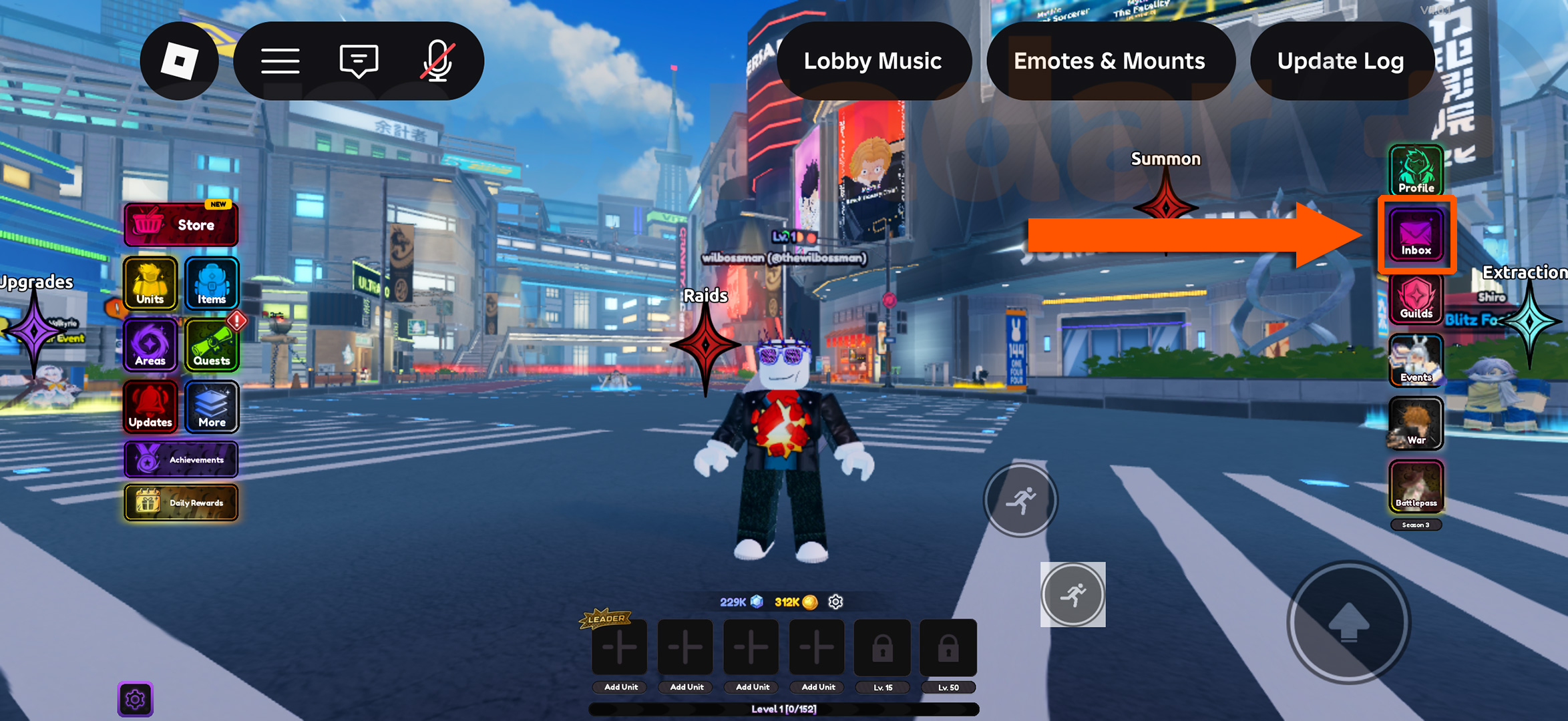 An arrow showing how to access the menu used to redeem Universal Tower Defense Z codes