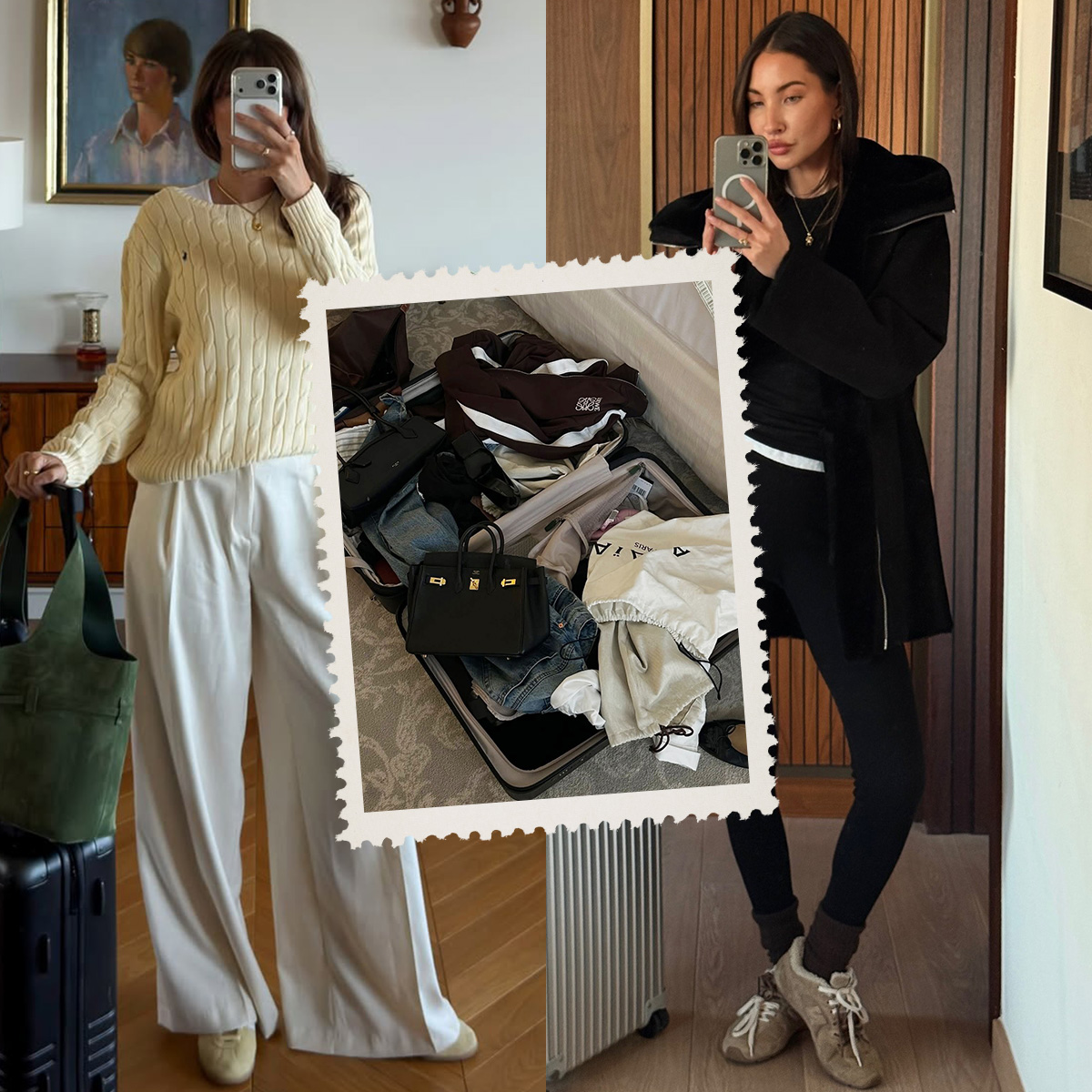 Collage of stylish women with suitcases
