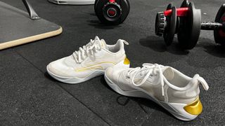 Image of Puma Fuse 2.0 cross training shoes next to a pair of dumbbells in the gym