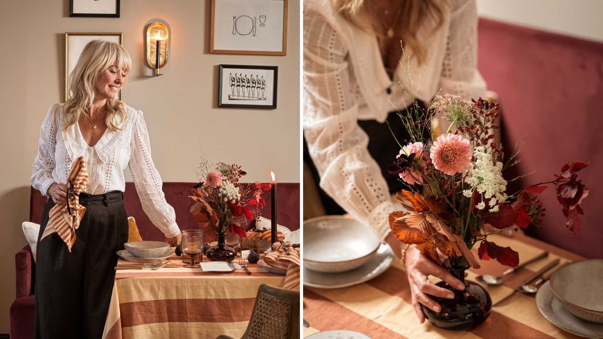 Clodagh McKenna next to her autumn tablescape which features rust and red tones and vases of seasonal flowers