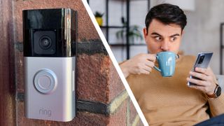 Split image of video doorbell on wall and man looking shocked at phone while drinking coffee