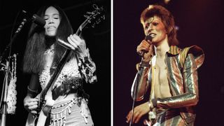 Left-June Millington of Fanny playing slide guitar while performing on stage at City Hall, Newcastle upon Tyne, 30 May 1973; Right-David Bowie performs on stage on his Ziggy Stardust/Aladdin Sane tour in London, 1973