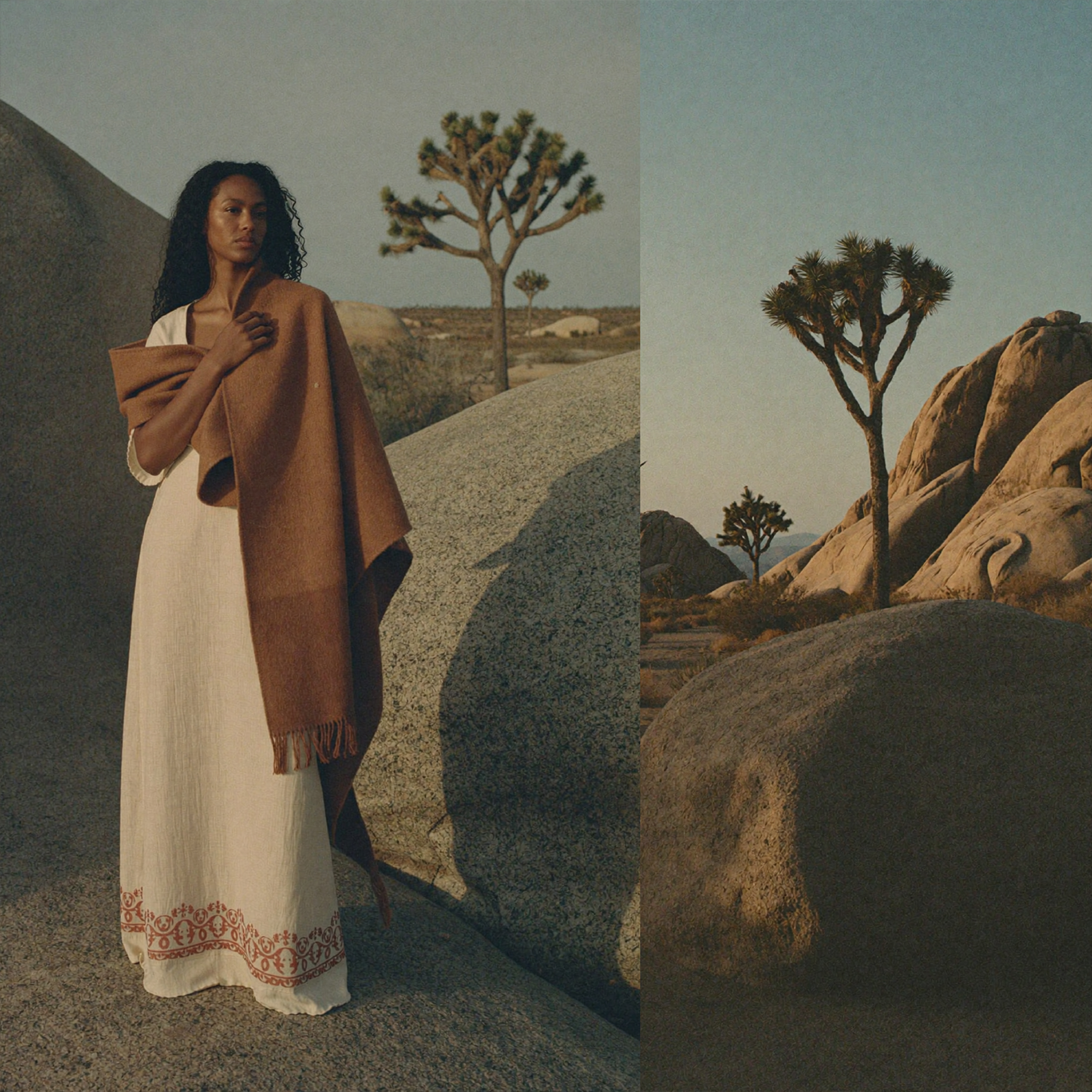 a beautiful woman in a white dress with a brown shawl around her next to a desert landscape