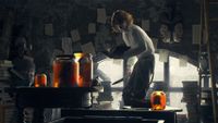Corentin, a man with worms for eyes, holds a book in one hand and a knife in the other