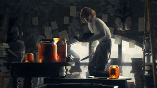 Corentin, a man with worms for eyes, holds a book in one hand and a knife in the other