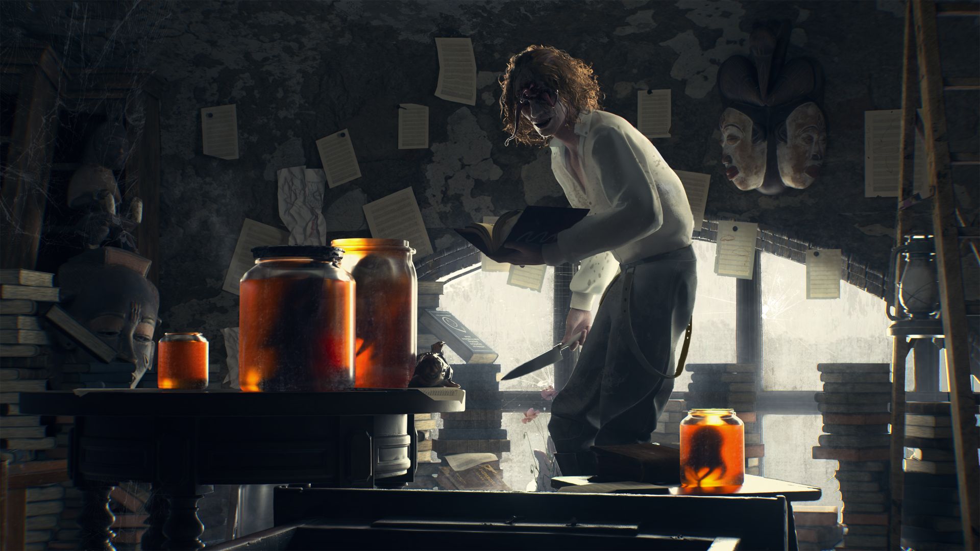Corentin, a man with worms for eyes, holds a book in one hand and a knife in the other