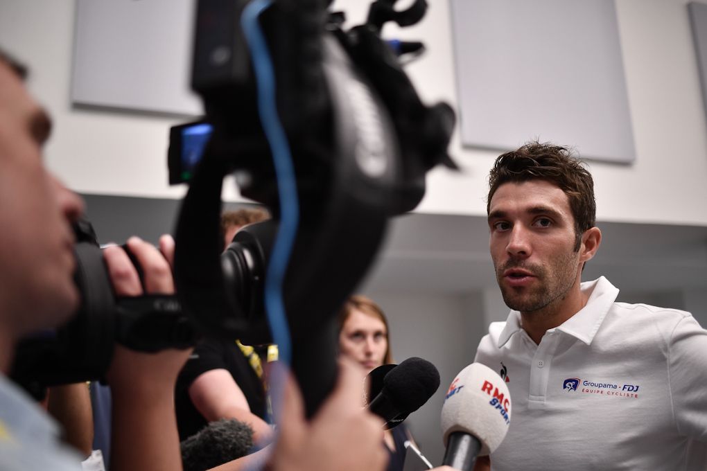 Thibaut Pinot on camera at the Groupama-FDJ press conference ahead of the 2019 Tour de France
