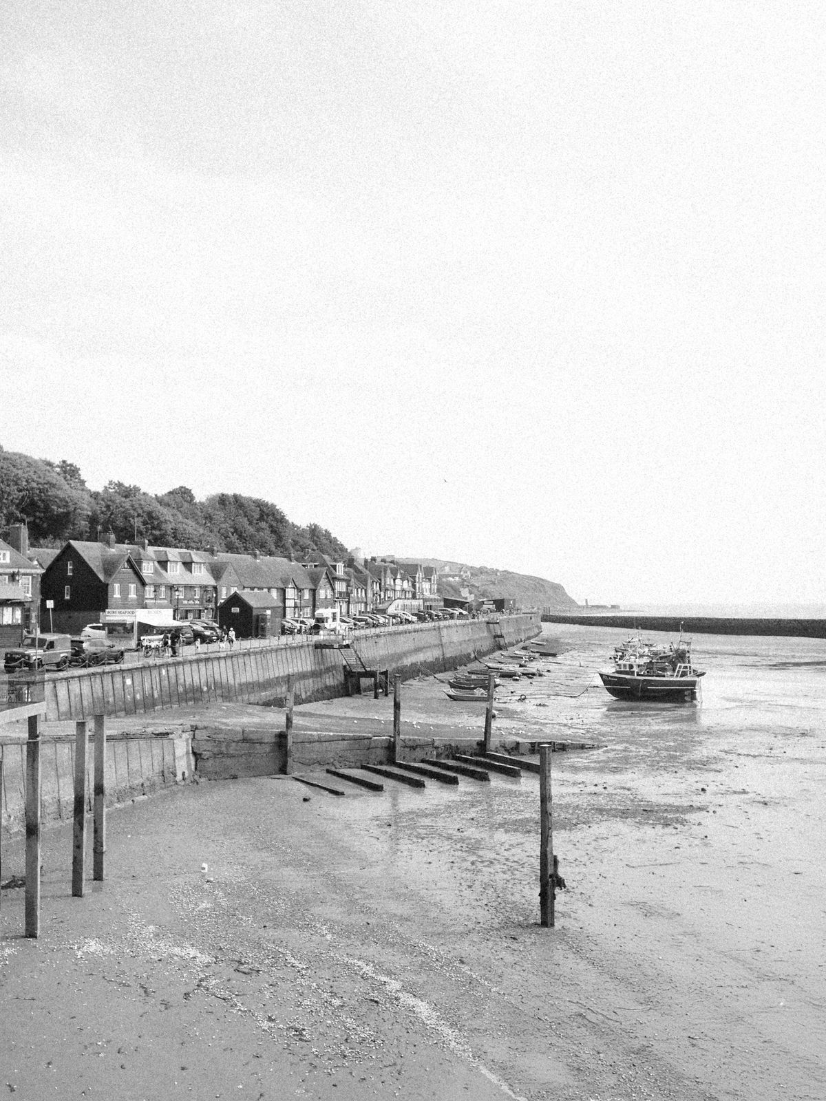 A seafront path with houses and fishing boats while the tide is out