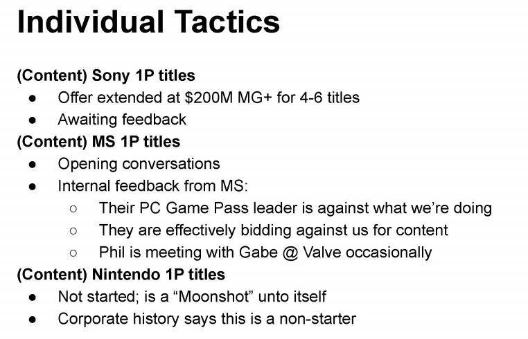 A piece of a document which states that Epic offered Sony $200 million for 4-6 first-party PlayStation games on the Epic Games Store.