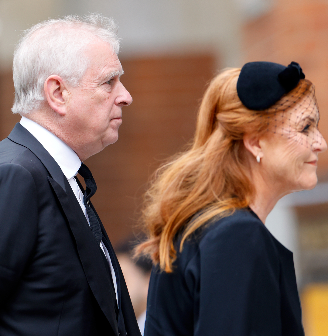 Prince Andrew walking behind Sarah Ferguson at the Duchess of Kent's funeral