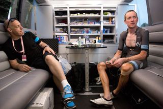 Team Sky's Dave Brailsford and Bradley Wiggins in the team bus at the 2013 Giro d'Italia