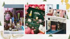 Trio of pictures of the best beauty advent calendars 2026 on a white background with green Christmas trees, oil and cream swatches