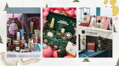 Trio of pictures of the best beauty advent calendars 2026 on a white background with green Christmas trees, oil and cream swatches