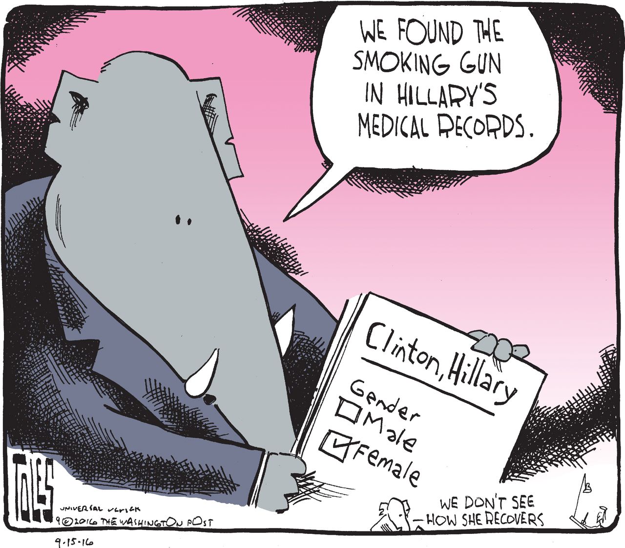 Political cartoon U.S. 2016 election Hillary Clinton health Republicans