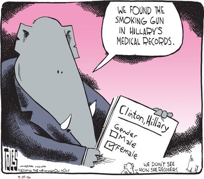 Political cartoon U.S. 2016 election Hillary Clinton health Republicans