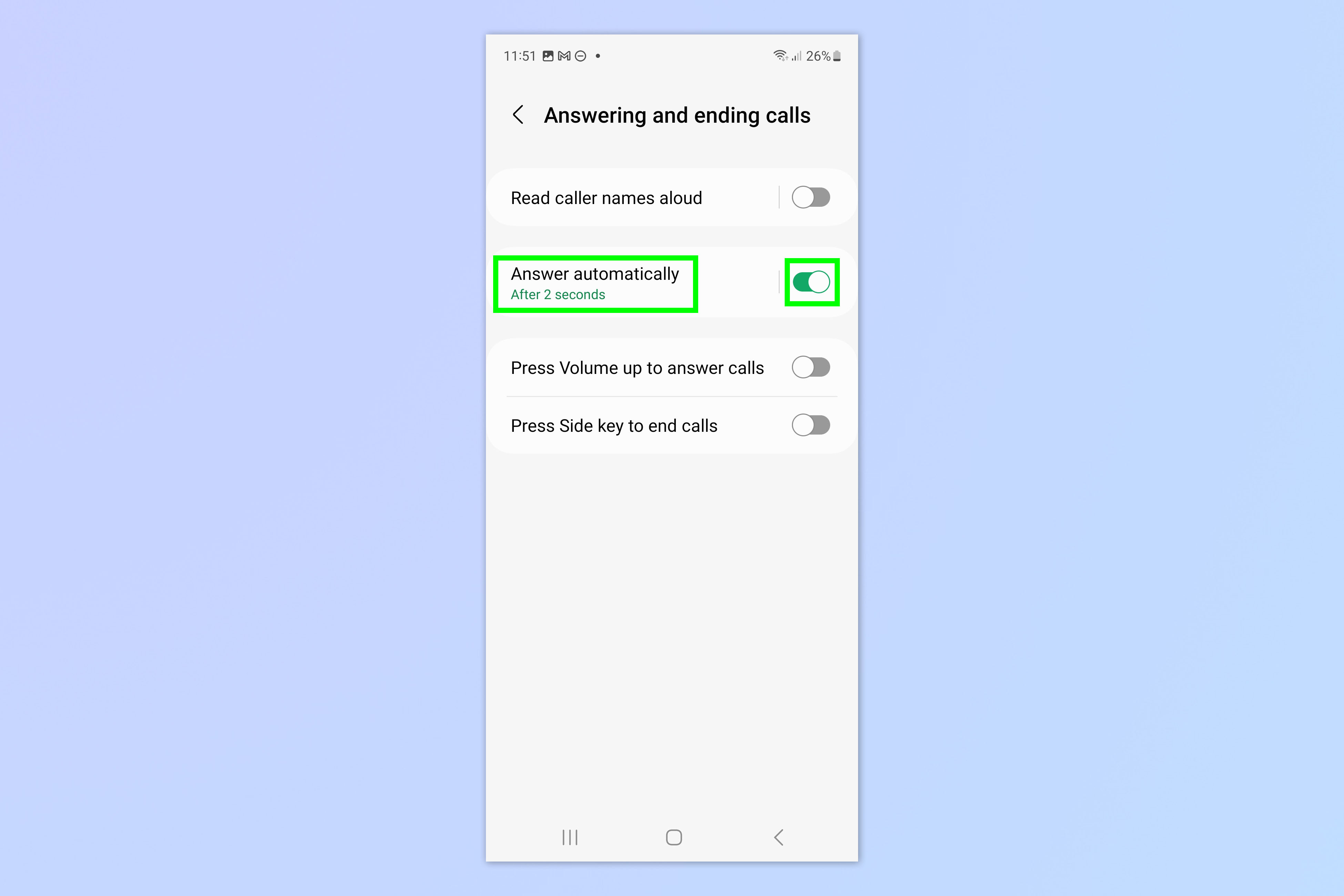 Una captura de pantalla que muestra cómo configurar la función de respuesta automática de Samsung