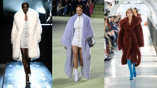 A composite of street style influencers showing winter 2022 fashion trends faux fur coats