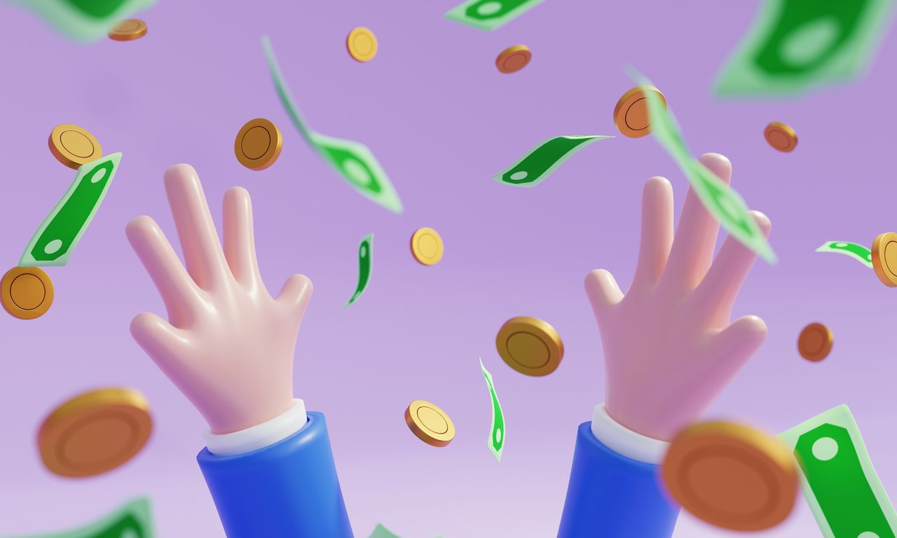 A cartoon of a man&#039;s hands triumphantly in the air as dollar bills and coins are thrown around.