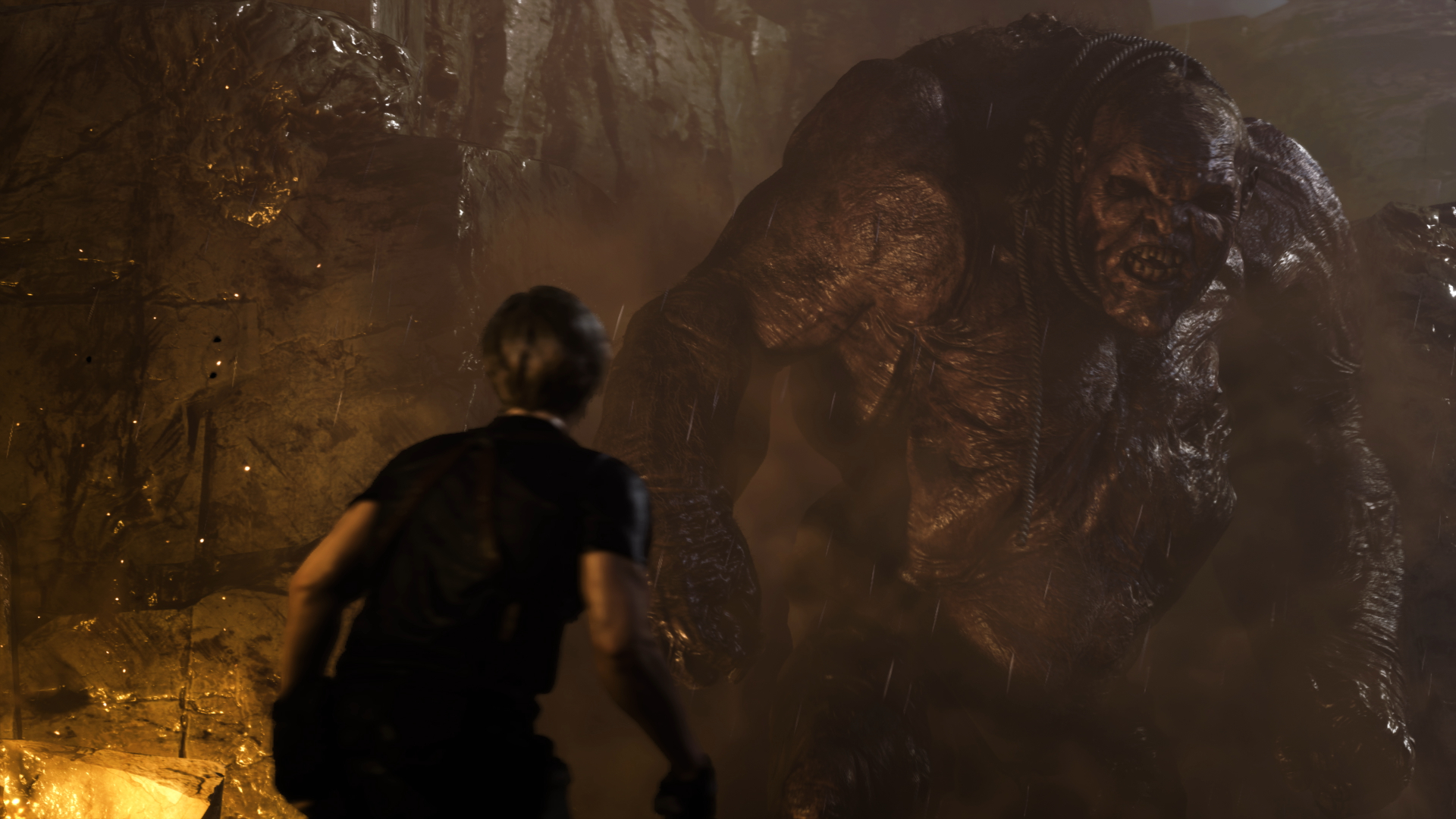 Resident Evil 4 Leon facing El Gigante boss