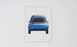 Front view of blue electric car design, Piip, by Harald Thys on white gallery wall