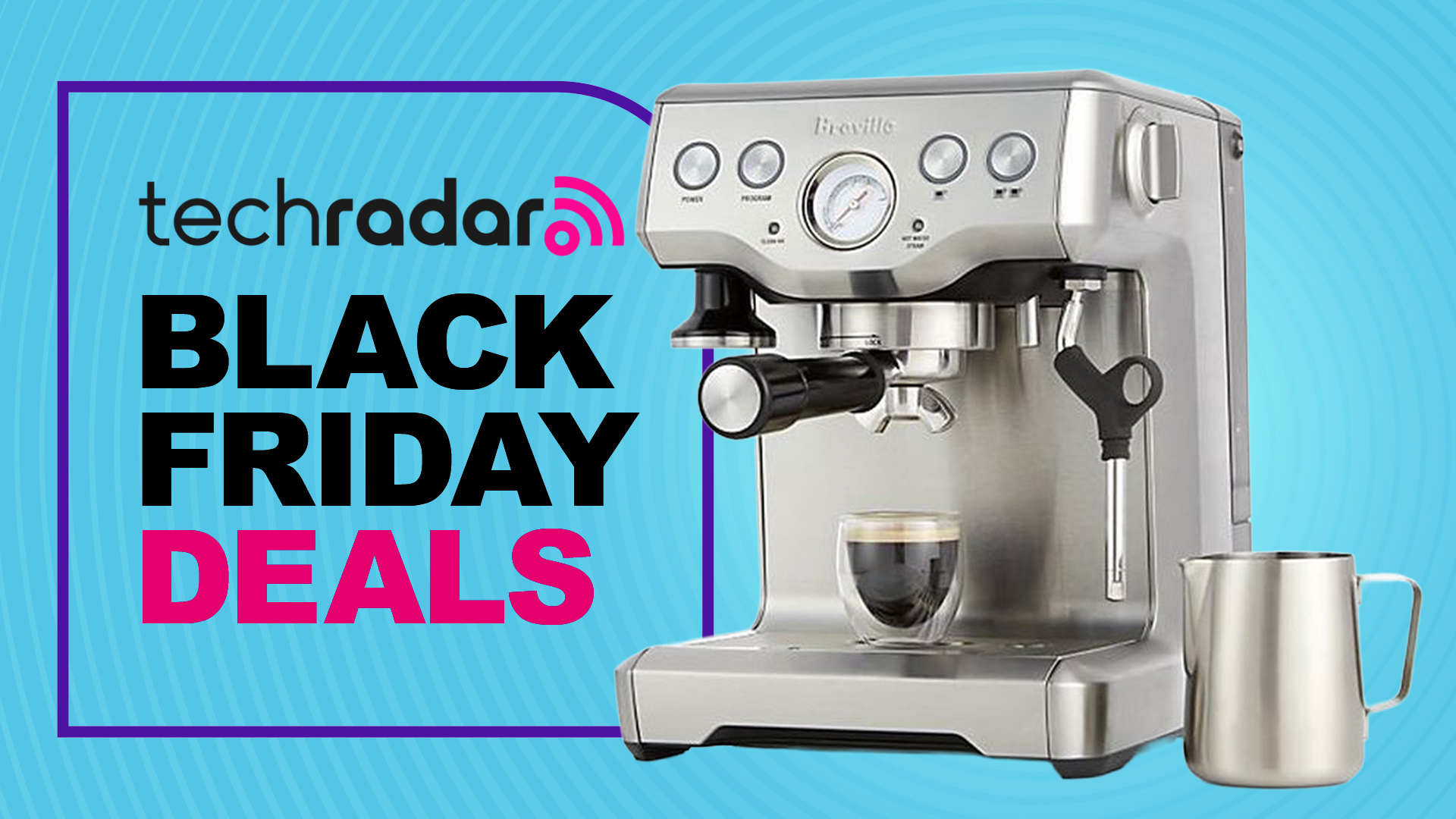 Breville Infuser espresso machine on blue background with text &#039;TechRadar Black Friday Deals&#039;