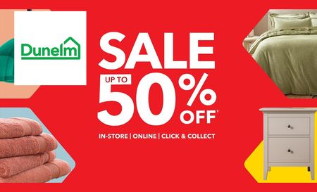 Dunelm logo top left with text centre promoting 50% sale at dunelm