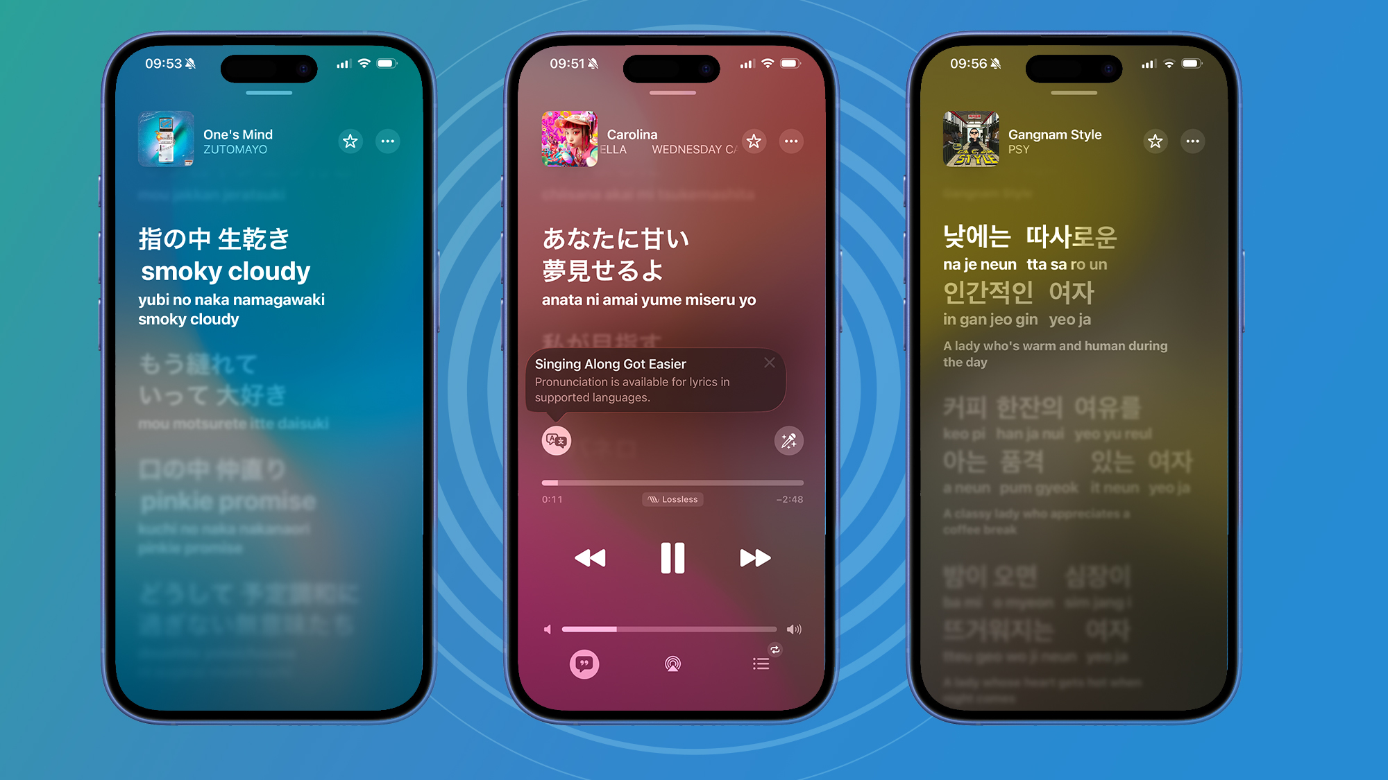 iPhones showing the new pronunciation tool in Apple Music&#039;s lyrics screen, shown for both Japanese and Korean music
