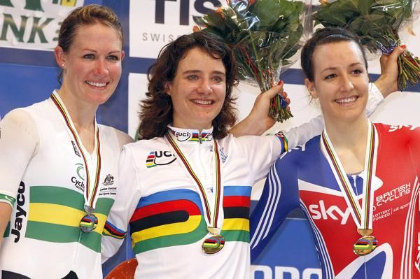 Katherine Bates (Australia) Marianne Vos (Netherlands) and Dani King (Great Britain) on the scratch race podium in 2011.