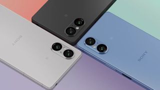 Sony Xperia 5 V rear panel in black, blue and white colors