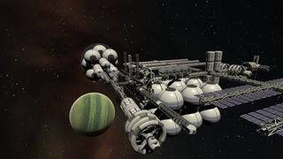  screenshot of a game's massive space station with solar panels and numerous modules, with a green jupiter-like planet in the background