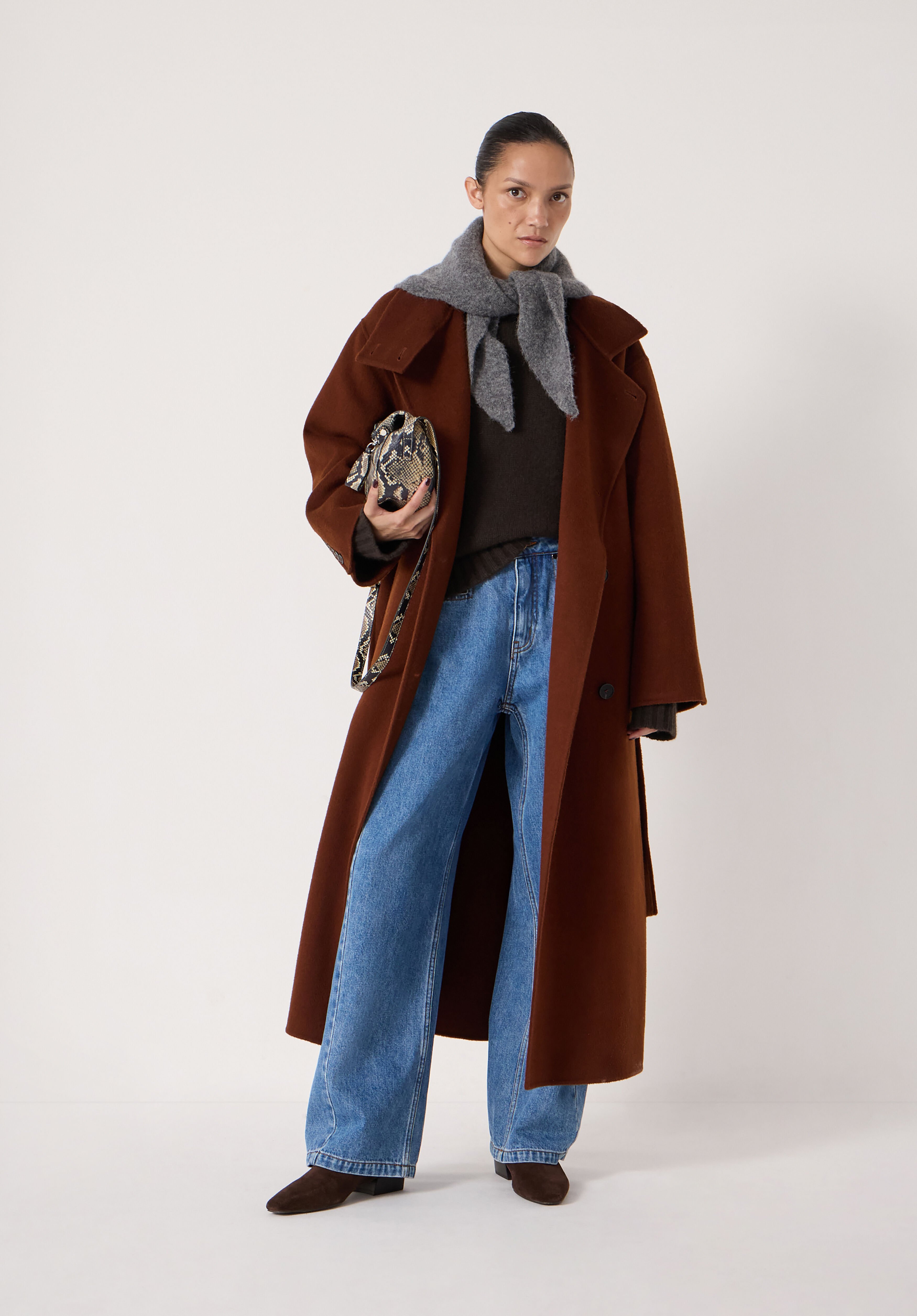 Pure Wool Double Faced Funnel Neck Belted Coat