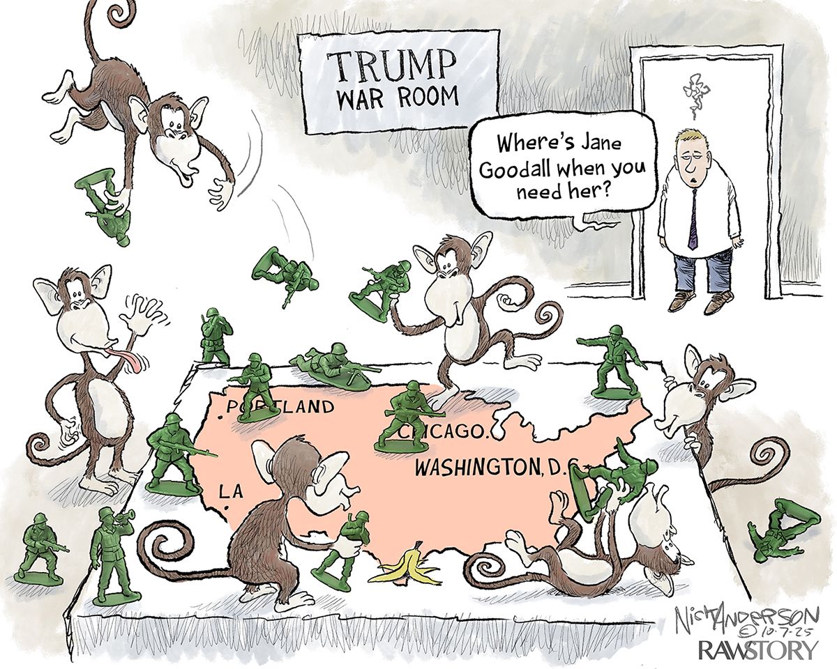 
                                This cartoon is titled “Trump War Room.” It depicts a large map of the United States on the ground where a group of six monkeys frolic around, playing with plastic army soldiers, dancing, and eating bananas. A man in the room looks at the scene and says, “Where’s Jane Goodall when you need her?”
                            