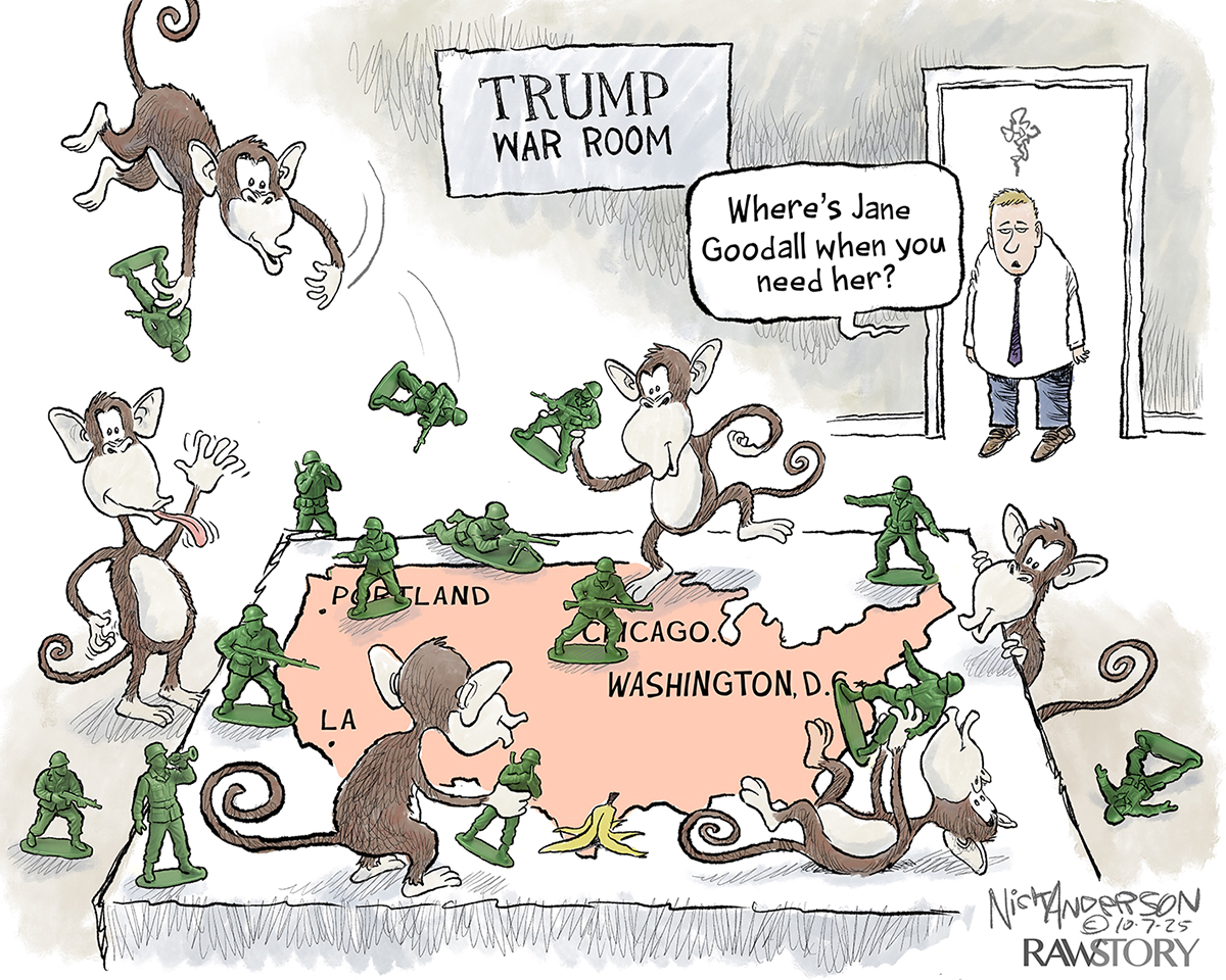 This cartoon is titled &amp;ldquo;Trump War Room.&amp;rdquo; It depicts a large map of the United States on the ground where a group of six monkeys frolic around, playing with plastic army soldiers, dancing, and eating bananas. A man in the room looks at the scene and says, &amp;ldquo;Where&amp;rsquo;s Jane Goodall when you need her?&amp;rdquo;
